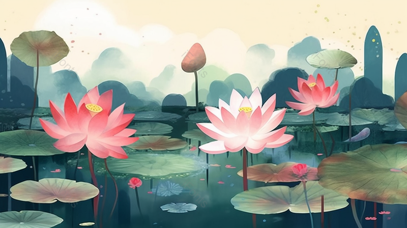夏季湖水里盛开的莲花,插画/手绘图,插画/手绘图库,插画/手绘图下载,插画/手绘